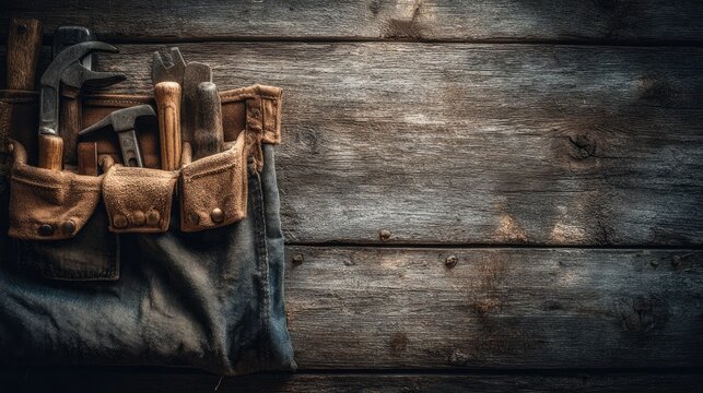 Vintage tool belt filled with assorted work tools on weathered wood.