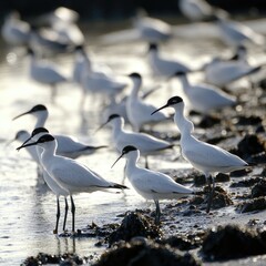 Coastal birds, wading in shallow water