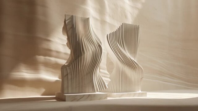 Two abstract sculptures with flowing lines and vertical textures stand against a soft, rippled fabric background with dramatic side lighting