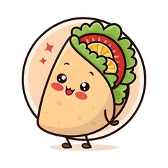 Sweet Chibi Burrito Blushing with Salsa, Cute Kawaii Mexican Food Character in Playful Cartoon Style, Adorable Wrapped Snack with Happy Face and Whimsical Charm