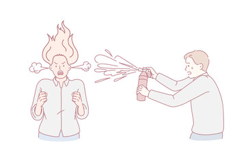 Furious business lady burning and shouting. Vector concept illustration of anger lady with fire on head sprayed by man with fire extinguisher.