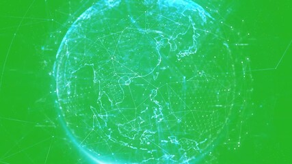 wireframe globe with glowing nodes and connecting lines is centered on a green background. - Powered by Adobe