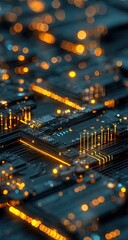Obraz premium Close-up of intricate circuit board with glowing lines and bokeh