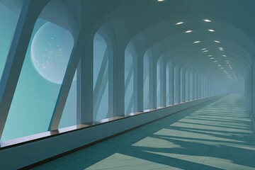 Obraz premium Empty, futuristic corridor with arched windows and a pale moon.