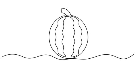 Continuous one line drawing Water Melon Fruit. Bright juicy summer fruit concept. Doodle vector illustration, Watermelon one continuous line design. Fruits symbol design concept. Decorative elements. 