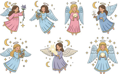 Cartoon angels with wings and halos in pastel gowns holding flowers, candles, harps, and glowing orbs on celestial background