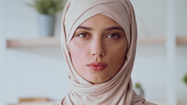 A young Middle Eastern woman wearing a hijab stands confidently at home, engaged in her daily routine. Her serene expression reflects a modern and vibrant lifestyle infused with culture.