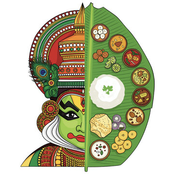Kathakali Dancer and Traditional Sadya Food Illustration