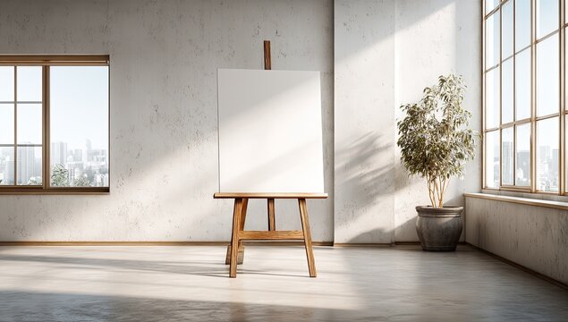 Blank canvas on easel in sunlit loft