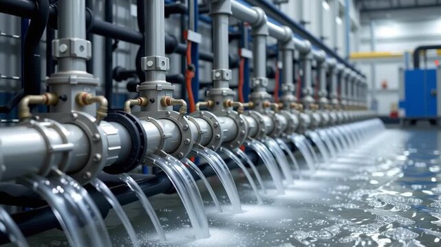 Industrial water pipe metal valve with flowing water modern factory, showcasing clean technology, efficient industrial metal pipes, and clean factory