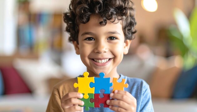Curly-haired boy with a bright smile holds up four colorful puzzle pieces. Soft, blurred background. Focus is on his happy face and the geometric shapes