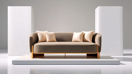 Modern Sofa with Neutral Upholstery and Wooden Base on Minimalist Display