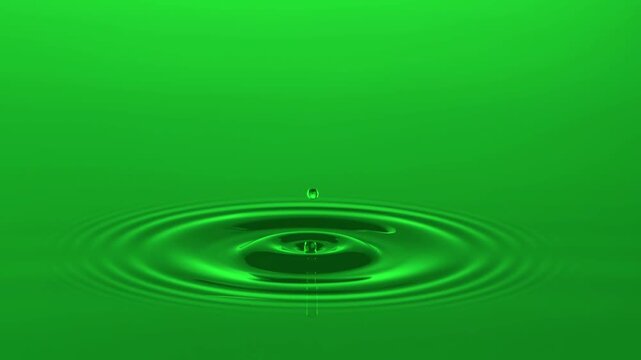 Green drop of liquid falls and creates symmetrical ripples on a calm, bright green surface.