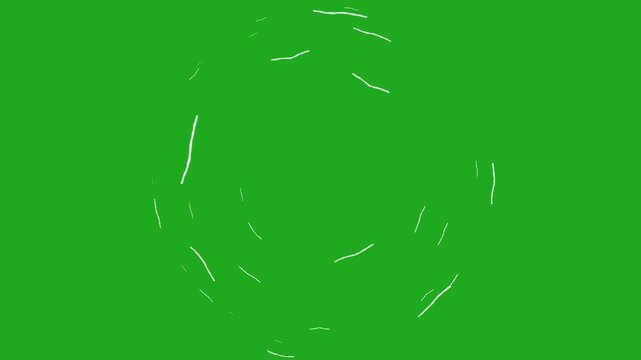 3d animation of broken sphere of short white animated strokes revolves on a solid green background.