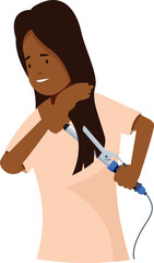 Young woman is straightening her long brown hair with a hair straightener, as part of her morning beauty routine