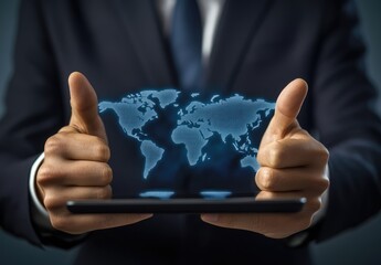 Businessman showing a thumbs up and holding a digital tablet with an air travel icon over a world map,