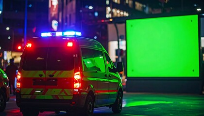 Emergency vehicle at night with a blank green screen