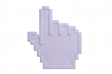 Light purple pixelated hand cursor pointing on transparent background, evoking early computer graphics and internet browsing