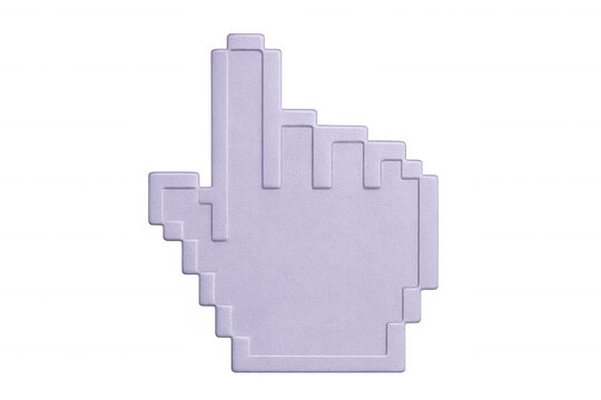 Light purple pixelated hand cursor pointing on transparent background, evoking early computer graphics and internet browsing