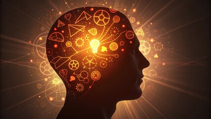 Chaotic Glowing Silhouette of a Head with Illuminated Ideas