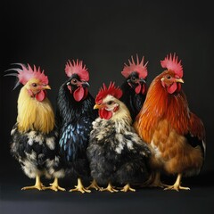 Fototapeta premium Six colorful chickens in a row against black background