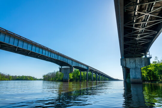 Atchafalaya Basin Bridge (or Louisiana Airborne Memorial Bridge) and Interstate Highway 10 between Baton Rouge and Lafayette, view from below, Louisiana