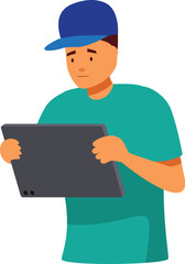 Delivery man holding digital tablet, managing logistics, finding addresses, and ensuring efficient package delivery