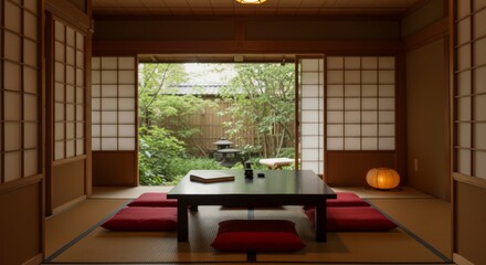 Fototapeta premium A peaceful Japanese interior with a low table and cushions.