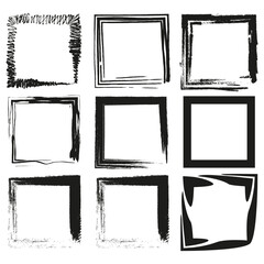 Grunge square frames. Hand drawn border set. Rough ink texture. Vector brush strokes. EPS 10.