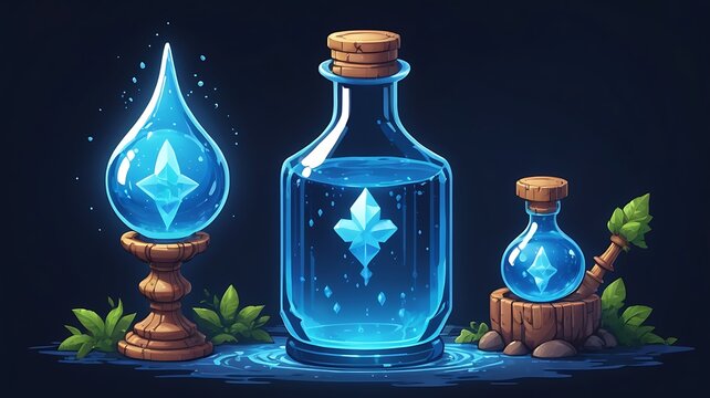 Blue mana elixir with magical glow, 8-bit pixel art, 2D sprite