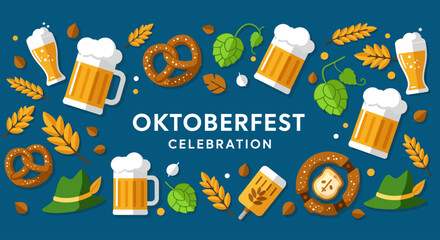 A vibrant flat design horizontal banner, perfect for promoting an Oktoberfest event, featuring festive text and traditional icons on a blue background.