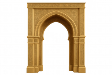 Golden moorish archway framing intricate architectural detail, representing islamic design heritage against clean transparent backdrop