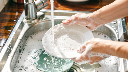 Fototapeta premium Close up hands washing dishes or utensils at kitchen use soap