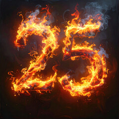 Fiery number 25, symbolizing energy, passion, and dynamism. A visual representation of the number twenty-five rendered in flames against a dark backdrop, with dynamic light play