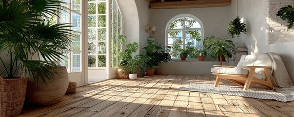 Bright sunlit room with wooden flooring and lush indoor plants