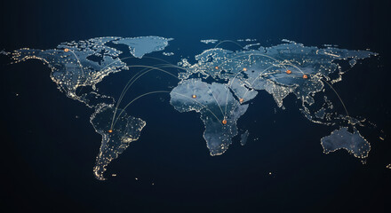 A world map visualization with glowing connection lines between major financial centers. Stock charts emerging from key cities like New York, London, and Tokyo