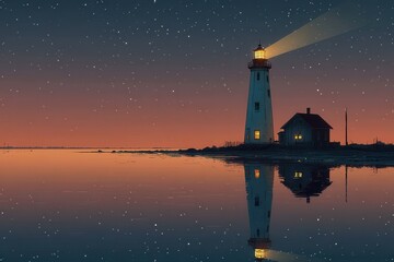 Lighthouse at night with a starry sky and calm ocean reflections