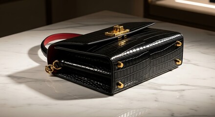 Elegant Black Crocodile Leather Handbag with Gold Accents on a White Surface.