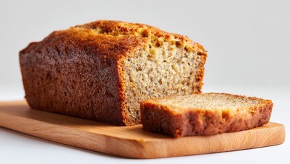 Sliced loaf of banana bread on a wooden board
