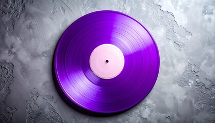 Neon Purple Vinyl Record on Gray Textured Background – Retro Music Concept in Minimalist Style