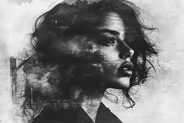 Black white portrait woman face appears to A fantasy featuring