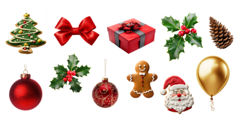 Collection set of photos of Christmas ornaments isolated on transparent background, red gift bow, pine tree cone, golden balloon, christmen ball, gingerbread man cookie, holly, png file