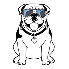 A charming black and white bulldog cartoon character with heart sunglasses and a collar, isolated on white background, exudes a classic and stylish vibe
