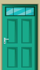 Closed green wooden front door with transom window and metal handle, isolated on white background