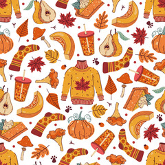 Autumn seamless pattern. Warm knitted sweater, pumpkin, seasonal drink, mushrooms, colorful leaves, pie. Cozy background for Thanksgiving, harvest festival. Fall holiday, cartoon vector ornament