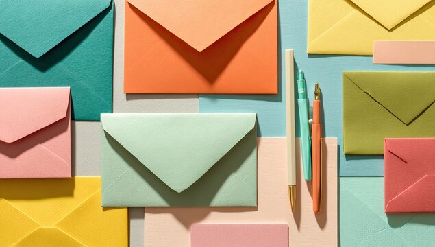 Colorful envelopes and stationery arranged in a flat lay