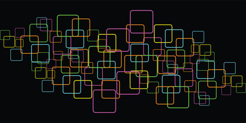 Abstract arrangement of colorful rounded squares overlapping on a dark background.