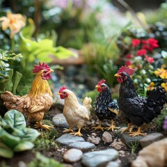 Fototapeta premium Miniature farm scene with four chickens in a garden
