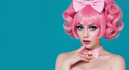 A vibrant woman in anime-inspired fashion with a bright pink wig and large bow, gazes at the camera with her finger to her lips, exuding a playful charm.
