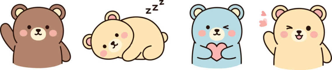 Cute cartoon bears waving and resting adorable kawaii style animals collection vector
